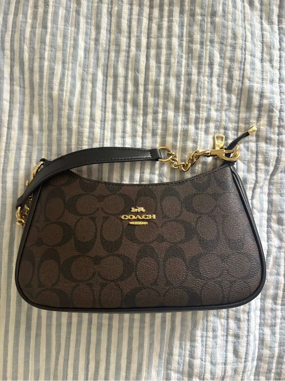Coach Brown Signature Canvas Shoulder Bag with Gold Hardware